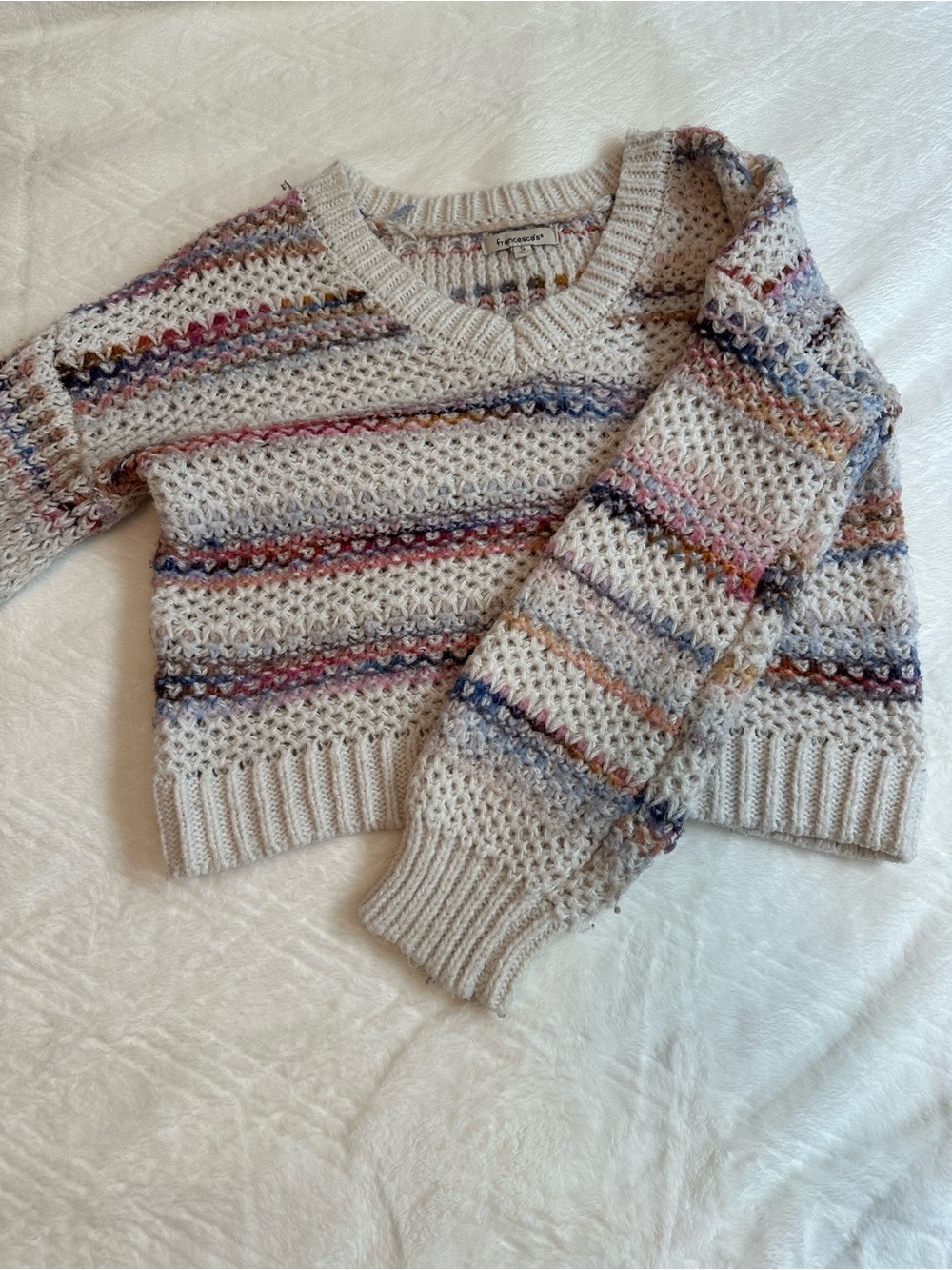 Francesca's Collections Cream Crochet V-Neck Sweater with Multi Stripes